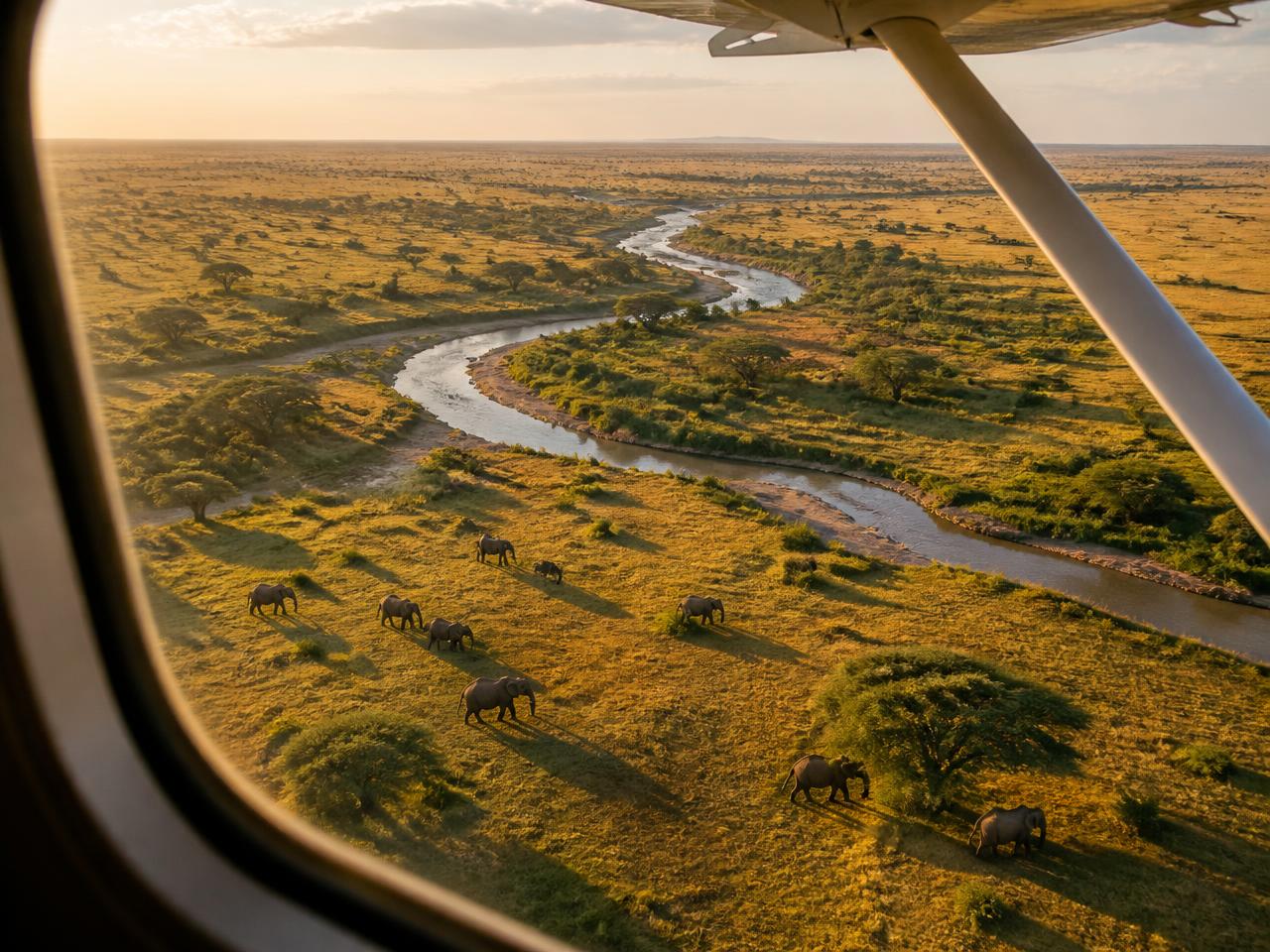 Aerial view of elephants on the Maasai Mara savanna